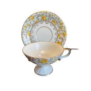 Vintage Inarco Yellow Rose Tea Cup Saucer Gold Trim Japan Footed